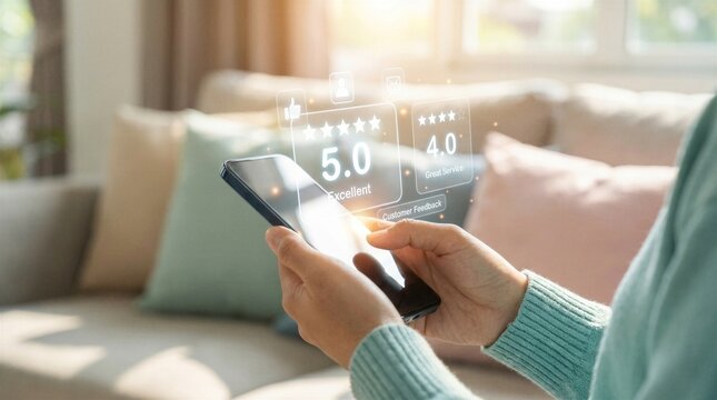 Customer reviewing service on smartphone with five star rating interface representing customer satisfaction, feedback system, online reviews and service evaluation.
