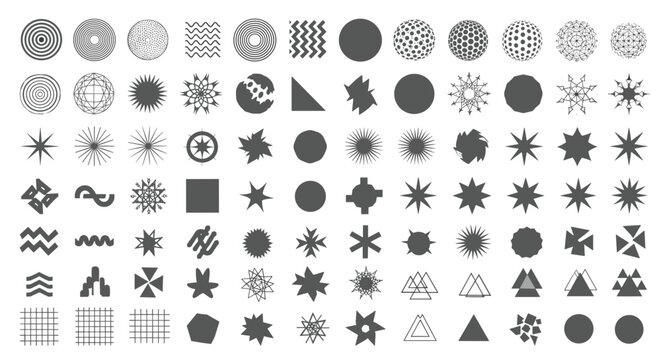 Extensive collection of abstract geometric symbols and shapes including stars, zigzags, circles, and polygons in grey.