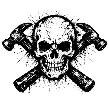 A grungy skull with crossed hammers on white background, symbolizing danger and construction