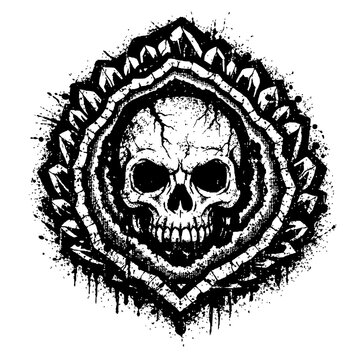 A black and white illustration of a skull surrounded by a decorative border with a grunge effect, symbolizing rebellion and edginess in a striking visual representation.