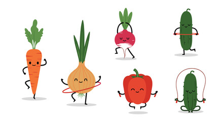 Fototapeta premium Playful set of anthropomorphic vegetable characters such as a carrot and pepper engaging in exercise and fitness activities.