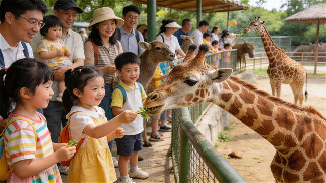 Zoo Visit: A vibrant scene captures the wonder of a zoo visit as children and their families engage with a giraffe, creating a moment of shared joy and connection with the animal world.