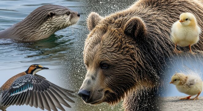 A collage featuring an otter swimming, a duck in flight, a bear, and two small yellow chicks