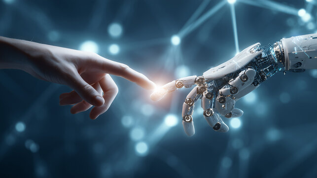 Human and Robot Touch: A profound visual metaphor depicting the intersection of human and artificial intelligence, as a human finger and robotic hand extend towards each other.