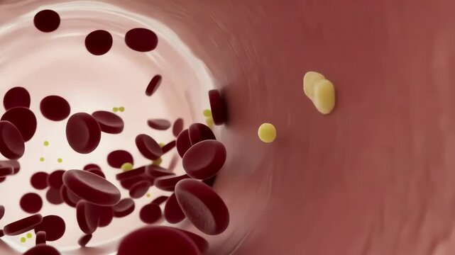Inside human artery, clean cross-section, red blood cells flowing naturally, low-density lipoprotein particles gradually sticking to artery wall forming soft yellowish plaque