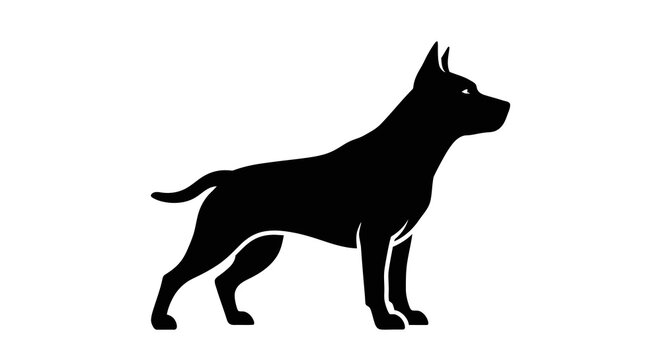 Black silhouette of a muscular pitbull dog standing on a white background