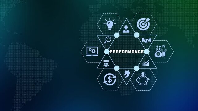  High performance business metrics and success monitoring concept with target and gear icons representing efficiency, speed and goal attainment.