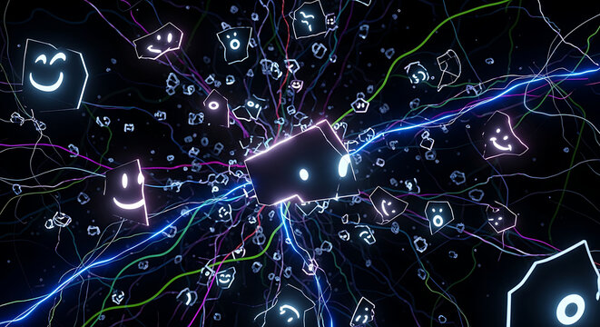 Neon-lit abstract shapes and faces with lightning bolts and network lines against a dark background.