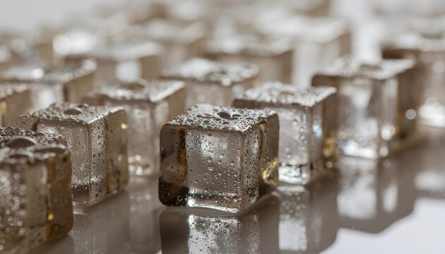 A close-up of an old rusty metal key frozen inside a clear blue ice cube with fresh water drops and a cold transparent frost finish