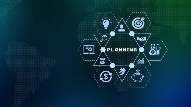 Strategic business planning and project management layout featuring infographic icons for financial forecasting, target setting and goal achievement.
