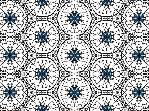 Intricate abstract seamless pattern of blue crystalline stars and black hexagonal line art.