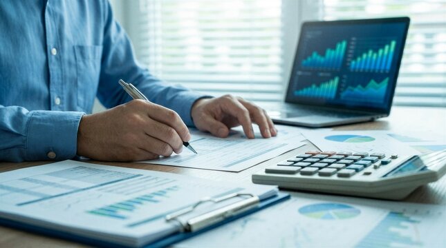 refund, pending, payment, processing, finance, Person reviewing payment transaction and refund status using calculator and laptop, representing finance management, processing, and digital billing.