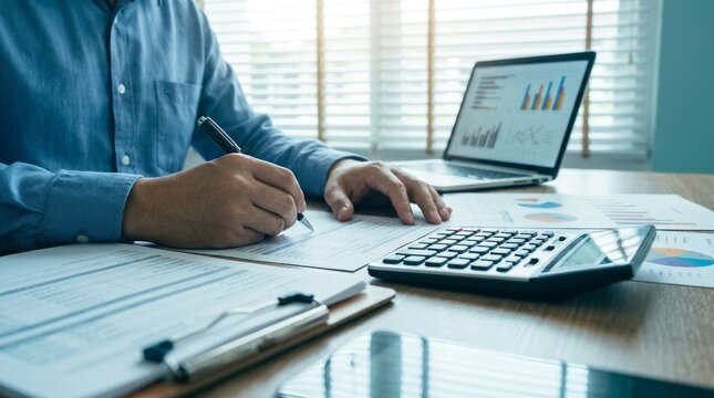 refund, pending, payment, processing, finance, Person reviewing payment transaction and refund status using calculator and laptop, representing finance management, processing, and digital billing.