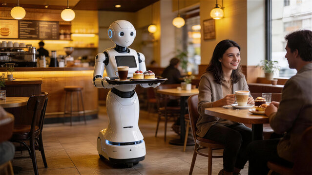Robotic Waiter at Cafe: A futuristic scene unfolds as a sleek, intelligent robot efficiently serves delectable treats and beverages to customers enjoying a meal in a cozy cafe.