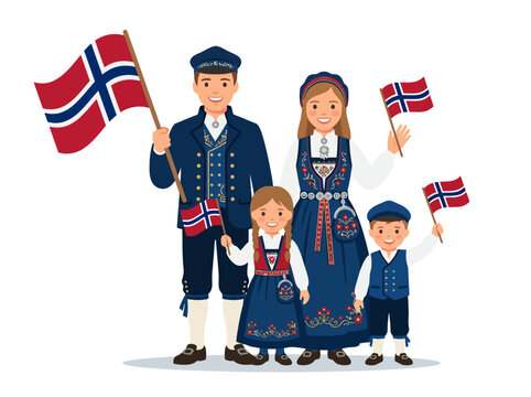 Family in traditional Norwegian bunad costumes holding flags at a celebration