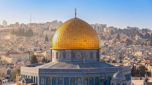 Golden Dome of the Rock mosque in Jerusalem with cityscape
