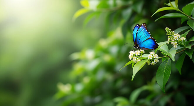 A blue butterfly perched on a white flower with green leaves on a blurred green background