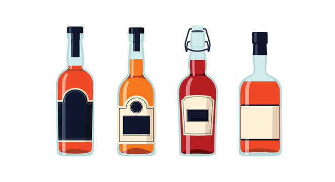 Collection of glass bottles containing brown spirits like whiskey or rum with different label designs and bottle shapes.