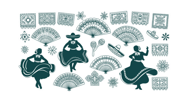 Hand Drawn Mexican Culture Vector Set with Folkl&oacute;rico Dancers, Sombreros, Fans and Papel Picado.