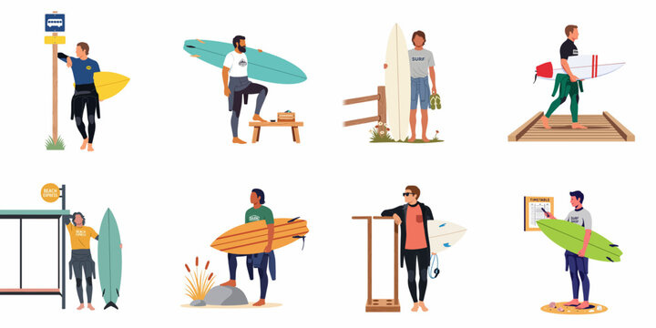 Collection of male surfers with surfboards in different poses and settings, including bus stops, beach paths, and waiting areas, in a flat illustration style.
