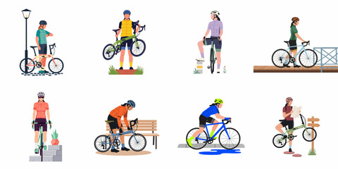Fototapeta premium Set of flat vector illustrations featuring diverse female cyclists with road and folding bikes in various urban and nature settings.