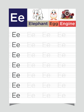 Letter E worksheet for kids, tracing uppercase lowercase, E for Elephant printable preschool handwriting practice sheet