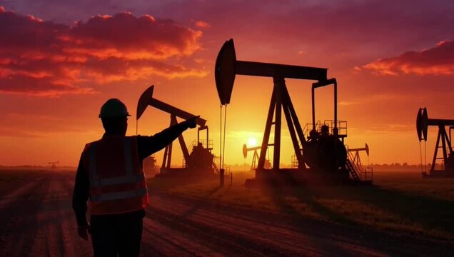 Oil worker standing in an industrial oil field at sunset, looking out over several operating pumpjacks silhouette.  