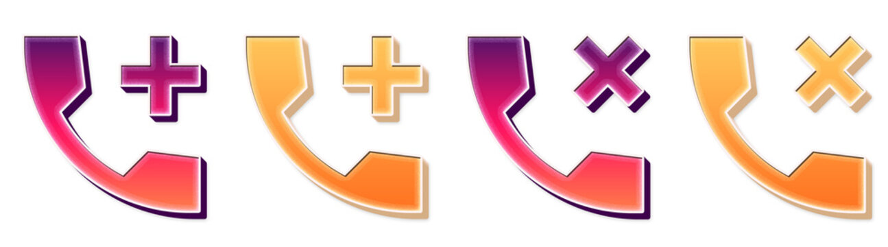 Isolated 3D crystal add phone and call dis connect ed icons with purple blue gradient. Calls icon collection and design. Render illustration. Premium quality render design.