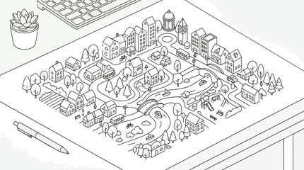 Fototapeta premium A charming miniature village illustration with tiny houses, trees, roads, and vehicles, depicted in a minimalist line art style on a desk.