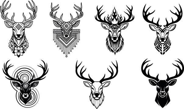 Stylized deer head vector illustration set, stag antlers with ornamental, tribal, and geometric designs for logo, tattoo, and wildlife branding