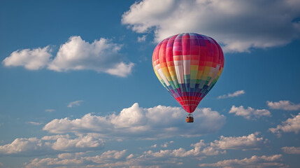 Obraz premium Soaring Dreams: A vibrant hot air balloon floats serenely through a sky painted with puffy clouds, inviting thoughts of exploration and adventure.