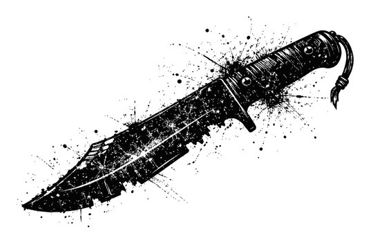 A black and white illustration of a knife with a paint splatter effect on a white background, symbolizing violence and aggression.