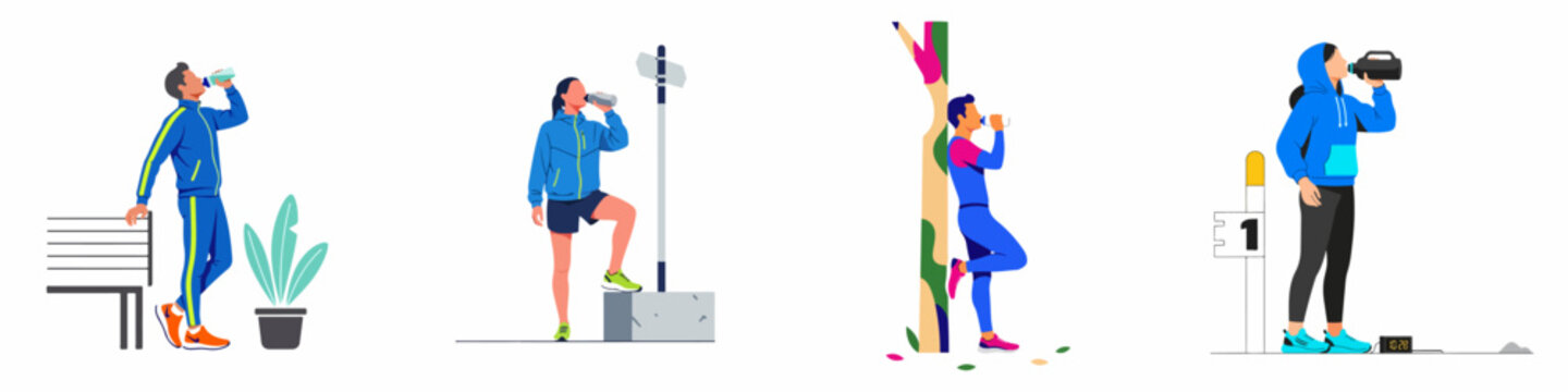 Set of flat illustrations showing diverse people hydrating and drinking water during various outdoor sports and fitness activities.