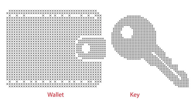 Wallet and key icons made of cross stitch vector pattern