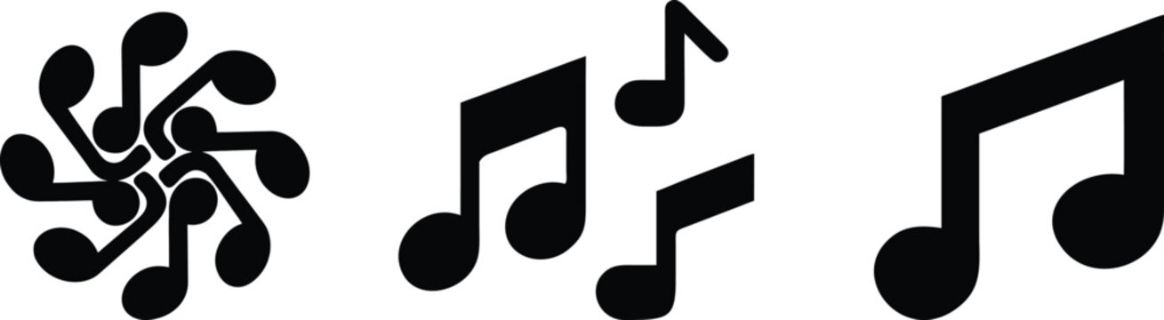 Music notes black color simple flat vector icon set isolated on transparent background. modern sound elements art.
