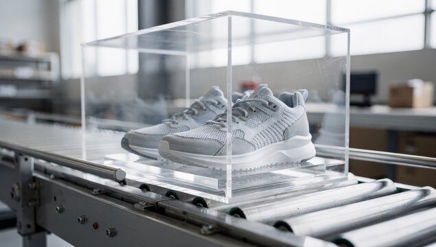Sneaker Inside Clear Display Case On Conveyor In Production Facility, Acrylic Showcase Protects Athletic Shoe During Automated Quality Inspection, Studio Lighting Highlights Textured Knit