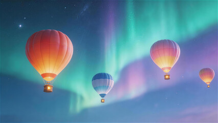Fototapeta premium Dreamscape Balloon Voyage: Colorful hot air balloons ascend into the twilight, illuminated against the backdrop of vibrant aurora borealis, creating an awe-inspiring spectacle of travel.