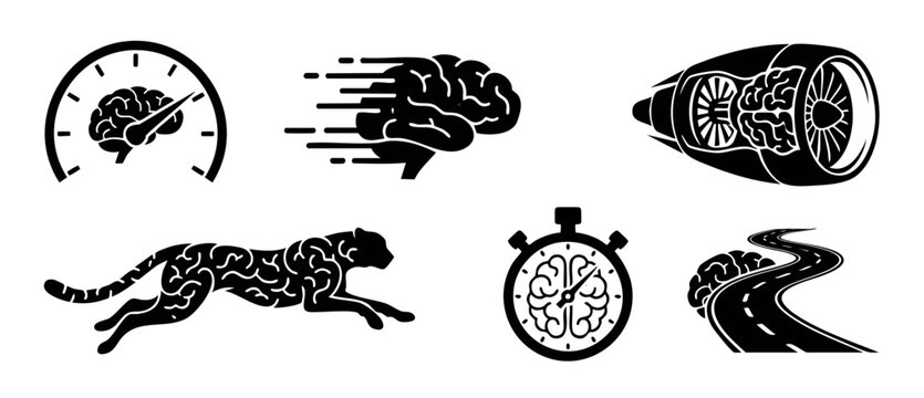 Brain Speed Concept Icons Set, High Velocity Mental Performance and Cognitive Processing Symbols in Flat Black Vector Style for Business Intelligence and Fast Learning Creative Strategy Graphic Design