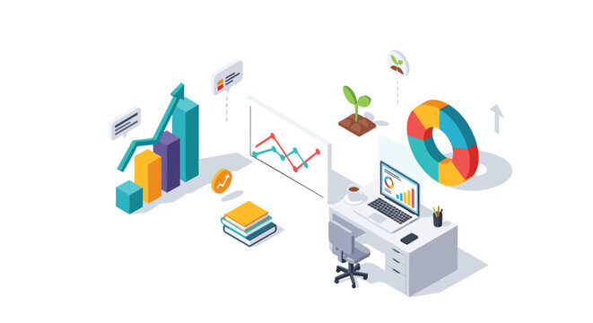 A modern isometric workspace featuring a computer desk, dynamic growth charts, and a pie graph illustrating professional business productivity and data analysis concepts.