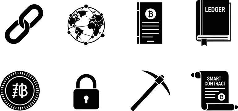 Blockchain technology and cryptocurrency concepts with bitcoin icons mining tools and ledger.