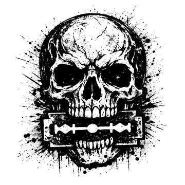 Black and white skull with razor blade in mouth, grunge style illustration for punk rock or tattoo design