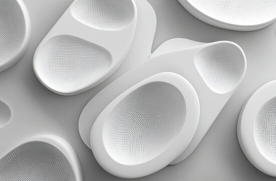 Overhead shot of white, rounded, abstract shapes with textured interiors on a gray field