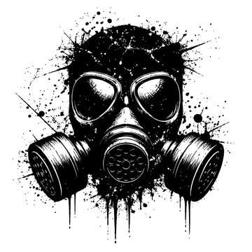 Black and white illustration of a gas mask with paint splatters on a white background, symbolizing protection and safety