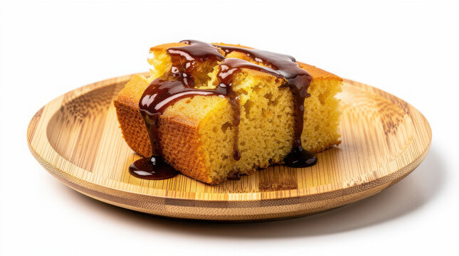 Sorghum Syrup on Cornbread on Bamboo Plate 30 Degree Angle Isolated on White Background Studio Image
