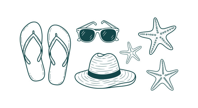 Hand Drawn Summer Beach Collection Featuring Flip Flops Sunglasses Sun Hat and Starfish Sketch Art