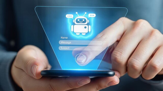 Person interacting with AI chatbot interface on smartphone screen with copy space for business tech