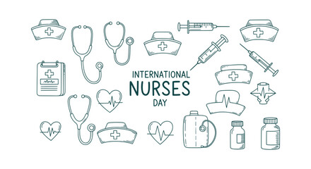 Fototapeta premium International Nurses Day Hand Drawn Doodle Vector Illustrations with Medical Icons and Accessories