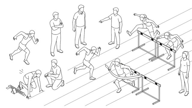 Isometric Athletics Training Workflow Diagram, Architectural CAD Vector Set, Sports Performance System, Outline Silhouette Style, Isolated White Background