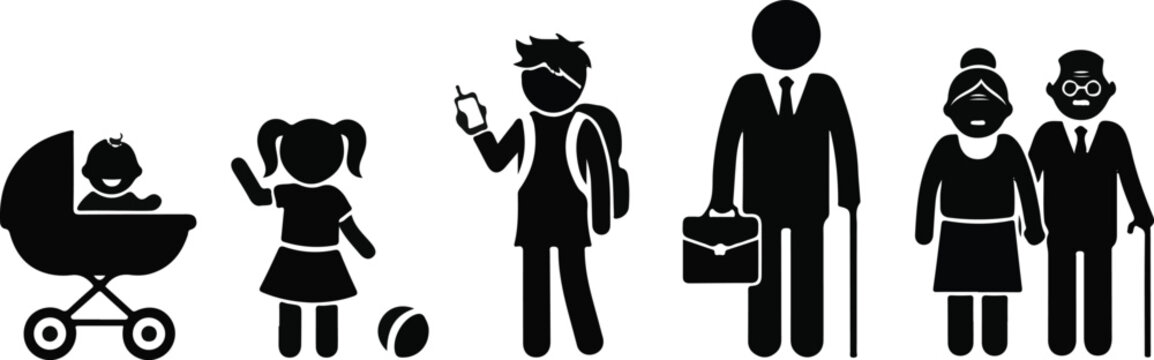 Human Life Cycle Evolution Concept: From Infancy and Childhood to Adulthood and Senior Age Vector Silhouettes