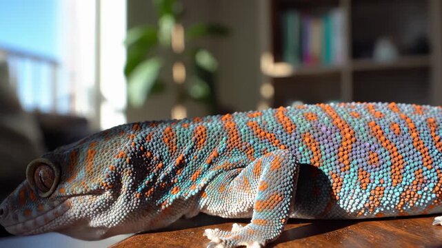 Vibrant Tokay Gecko Resting Peacefully Indoors, Close Up